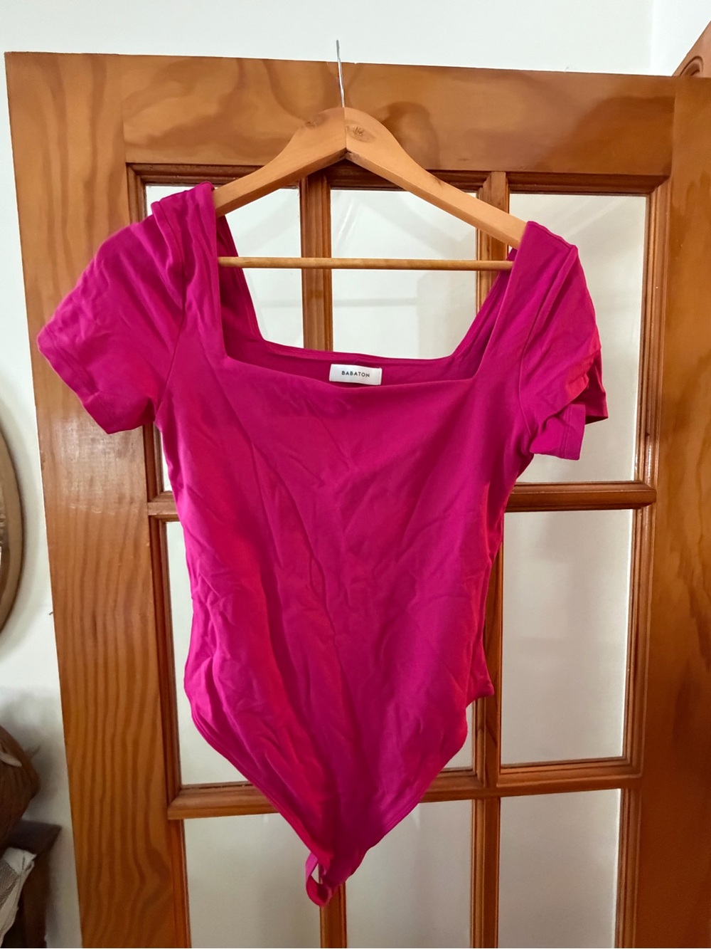 Aritzia Hot Pink Square-Neck Short Sleeve Bodysuit
